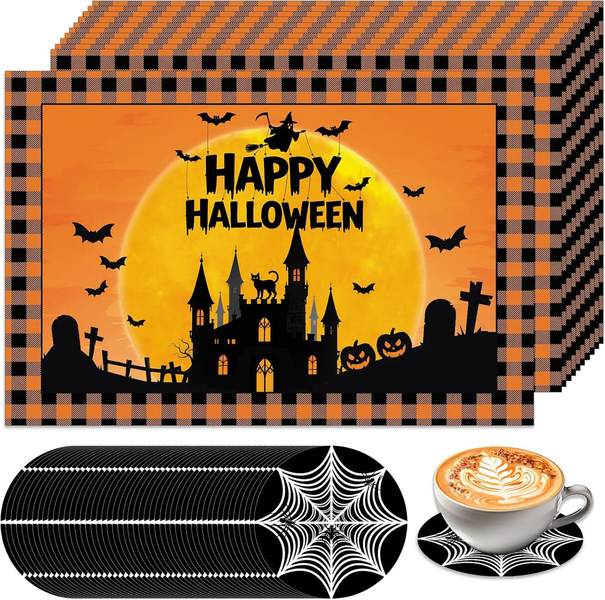 50Pcs Halloween Paper Placemats, Ghost Bat Pumpkin Disposable Placemats with Coasters - 11 x 16 Inch Halloween Place Mats Table Mats Decoration for Party Kitchen Dining Table Decor