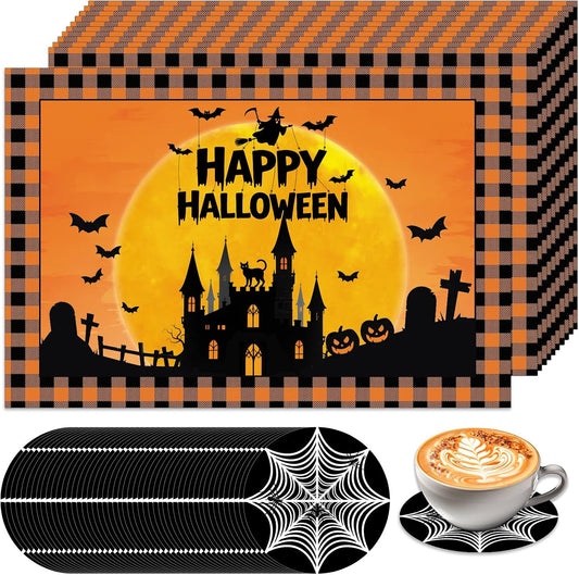 50Pcs Halloween Paper Placemats, Ghost Bat Pumpkin Disposable Placemats with Coasters - 11 x 16 Inch Halloween Place Mats Table Mats Decoration for Party Kitchen Dining Table Decor