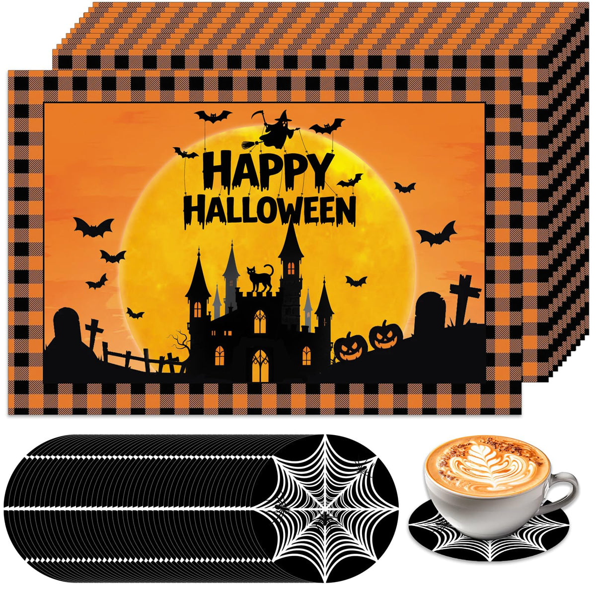 50Pcs Halloween Paper Placemats, Ghost Bat Pumpkin Disposable Placemats with Coasters - 11 x 16 Inch Halloween Place Mats Table Mats Decoration for Party Kitchen Dining Table Decor