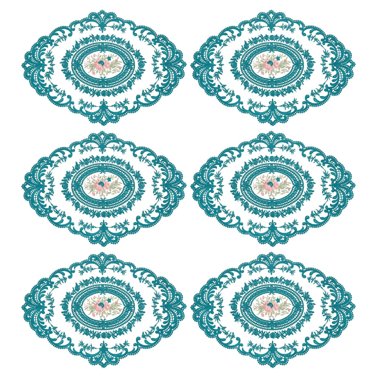uxcell 6Pack Retro Lace Placemat 12x16-in Oval Embroidered Table Place Mats French Crochet Doilies Coasters Cup Mat for Home Wedding, Sapphire Blue