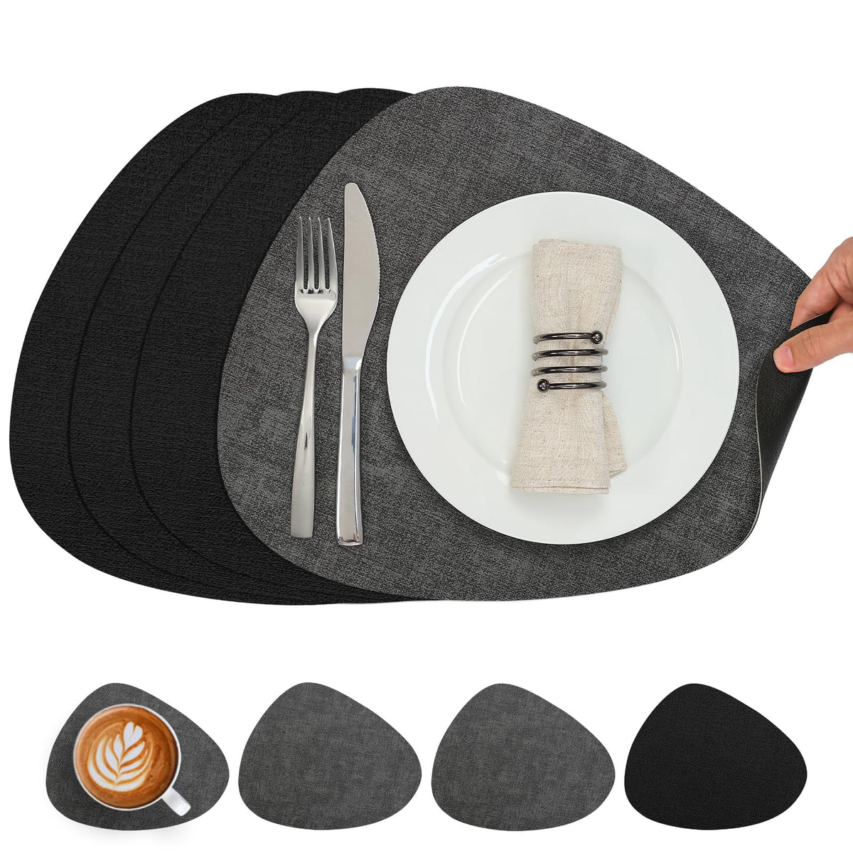 Faux Leather Placemats Set of 4, Dual Sided with Drink Coasters