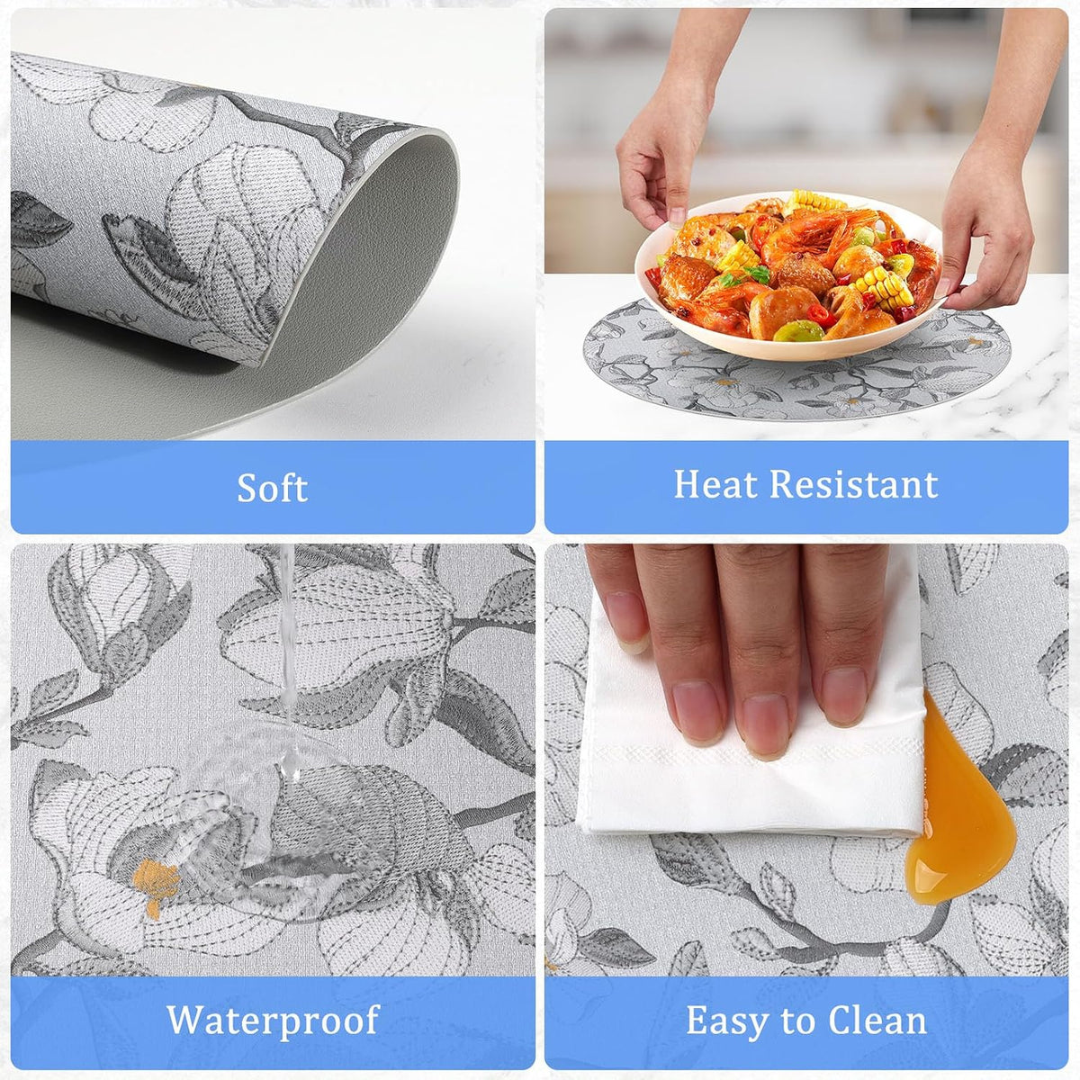 comfoyar Round Faux Leather Placemats Set of 6 with Coasters, 13inch Non-Slip Heat Resistant Dual-Sided Grey Flower Place Mats, Washable Waterproof Table Mats for Kitchen Dining Party Table Decoration