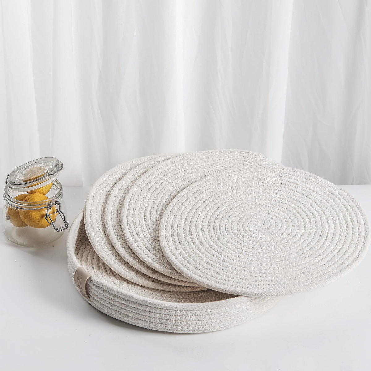 9-Piece Cotton Rope Placemats, Coasters & Holder, Off White