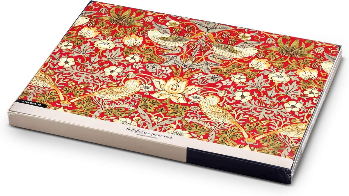 Pimpernel Morris & Co Strawberry Thief Red Placemats, Set of 4 - Heat & Stain Resistant, Cork Back Table Mats Featuring Classic Birds & Botanical Design - Minimal Tableware for Hosting
