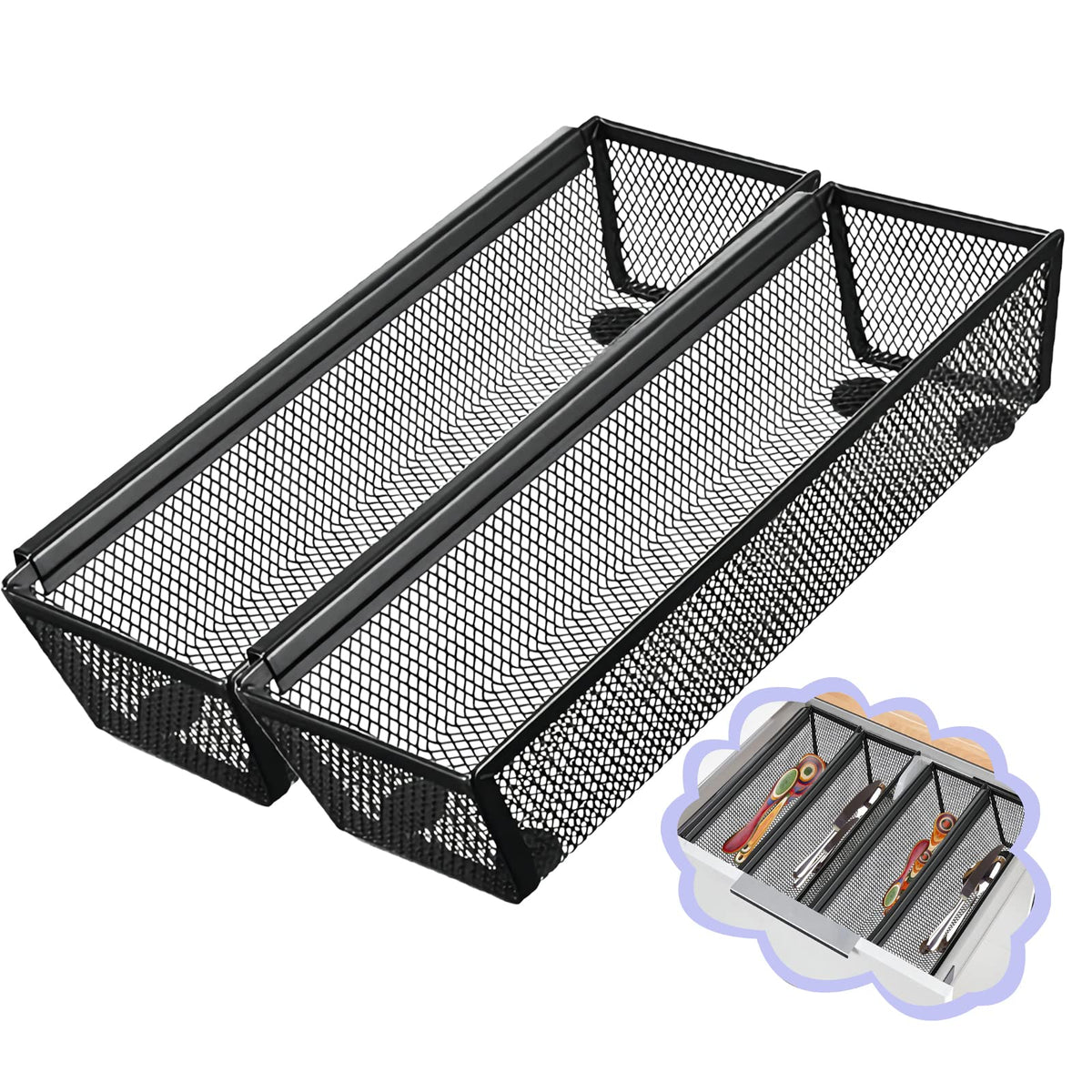 2PCS Utensil Drawer Organizer for Kitchen, Mesh silverware drawer organizer