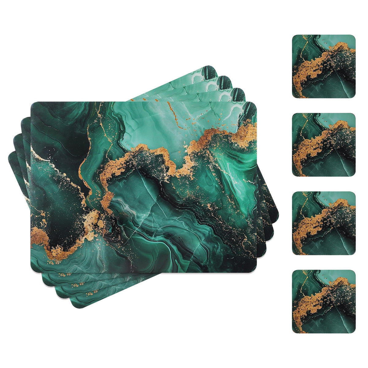 fanquare Hard Cork Placemats and Coasters Set of 4 with Marble Pattern Design Easy to Clean Abstract Artistic Placemat for Dining Table Décor, Gold Sand