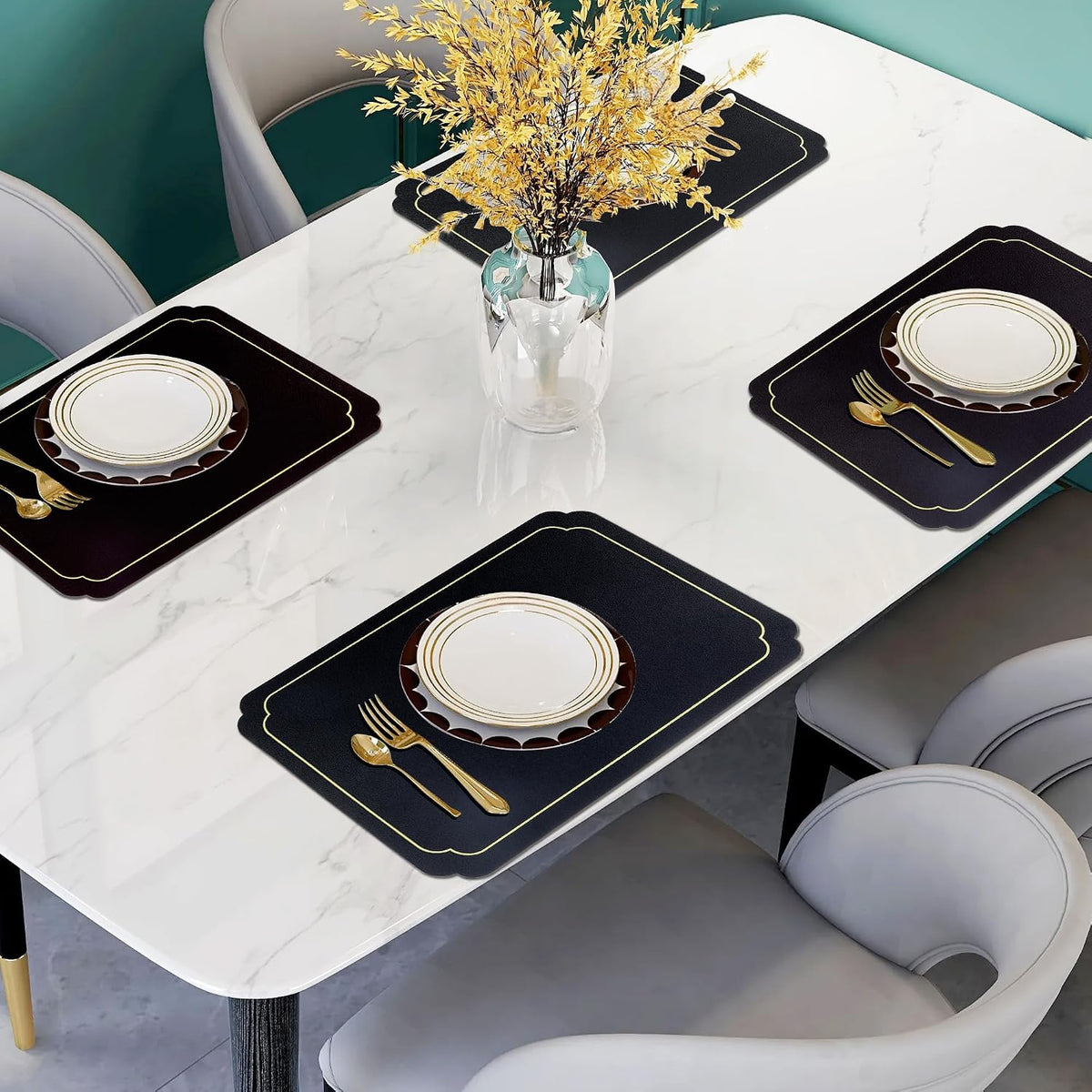 fanquare Black Faux Leather Placemats with Gold Trim Placemats and Coasters Set of 6 Large Rectangular Table Mats Heat Resistant and Easy to Clean