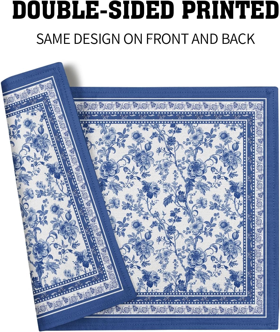 Blue Floral Branches Placemats Set of 4 ，12 x 18 Inch Chinoiserie Table Mats Washable Heat Resistant Linen Fabric Rectangle Place Mat for Indoor Outdoor Kitchen Dining Home Decor