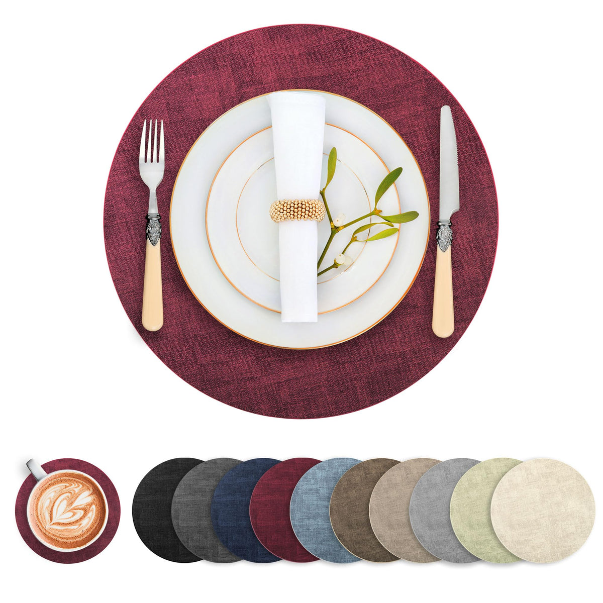 Round Faux Leather Placemats and Coasters, Set of 6, Reversible Heat Resistant Non-Slip Table Mats, Waterproof Wipeable Place Mats for Dining Table, Washable for Indoor & Outdoor (6, Beige)