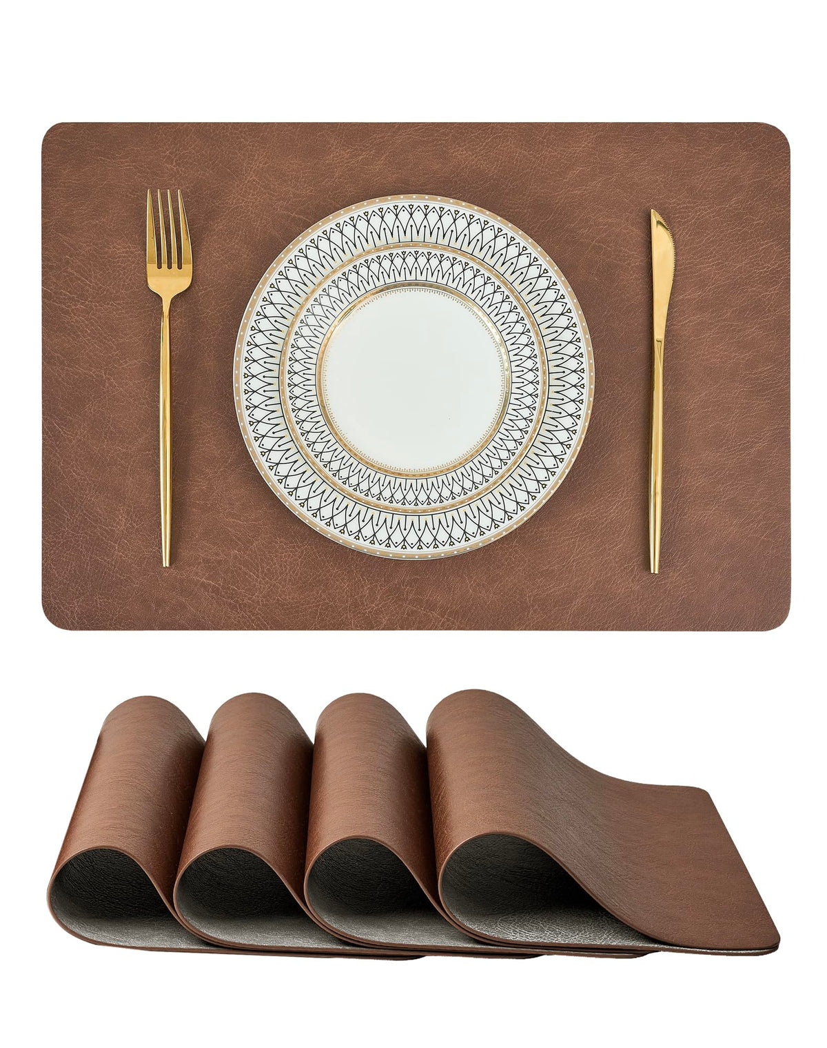 Reversible Faux Leather Placemats and Coasters Set of 4, 12x17 Inch – Hotel-Quality Heat Resistant & Waterproof Wipeable Table Mats, Non-Slip for Dining Kitchen (Mist Blue)