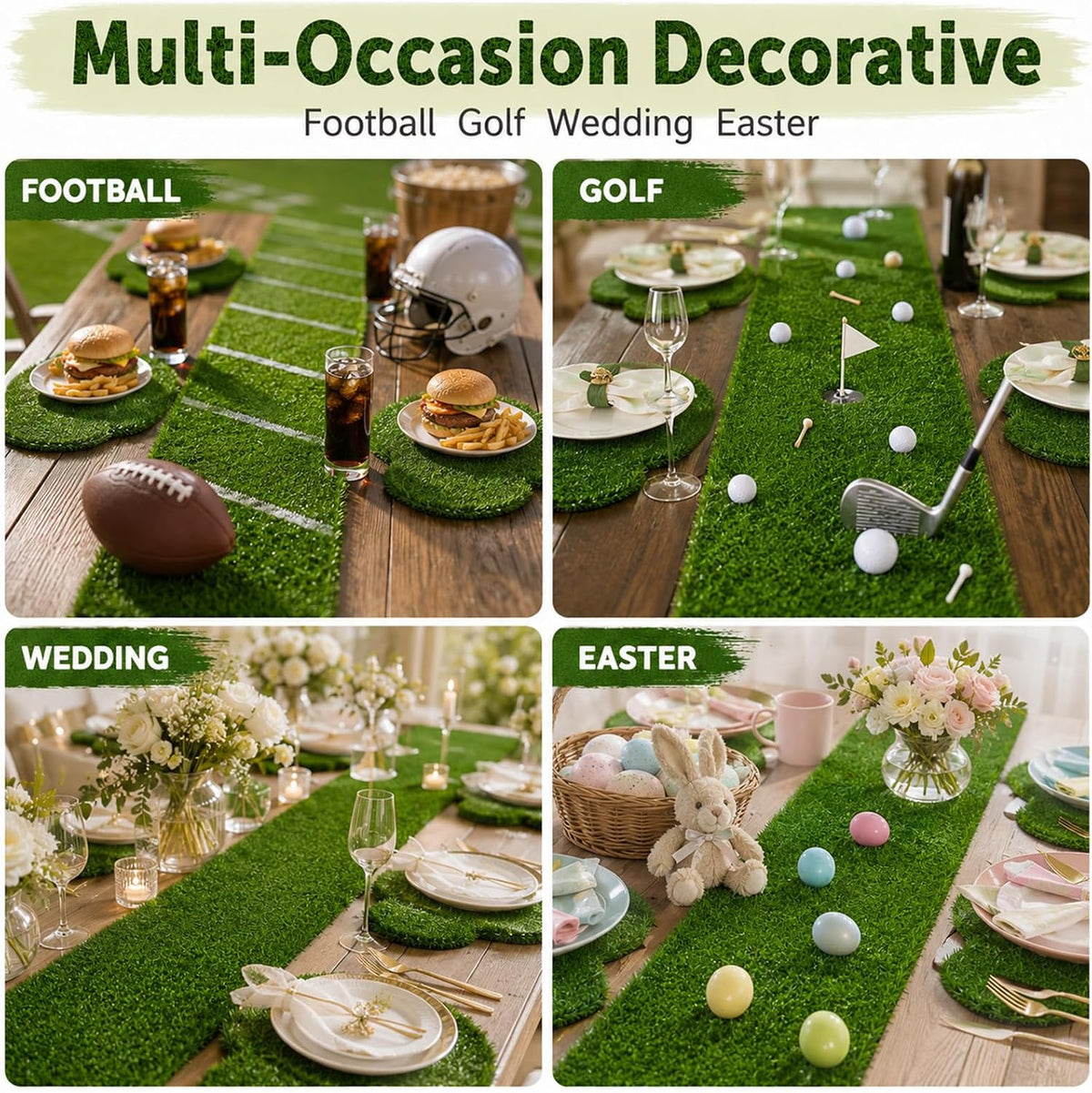 7pcs Golf Artificial Grass Placemats and Table Runner Set, Realistic Green Fake Grass Table Decor, Golf Centerpieces for Table, Non Slip Turf Table Runner for Golf Party (placemat Set)