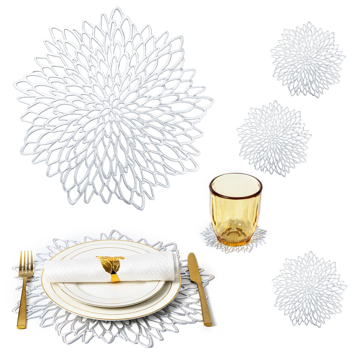 Gold Placemats Set of 8 Table Mats Gold Charger Plates Place Mats & 8 Pcs Coasters Wipeable Modern Holiday Round Placemats for Christmas Thanksgiving Farmhouse Wedding Dining Table Setting Decor