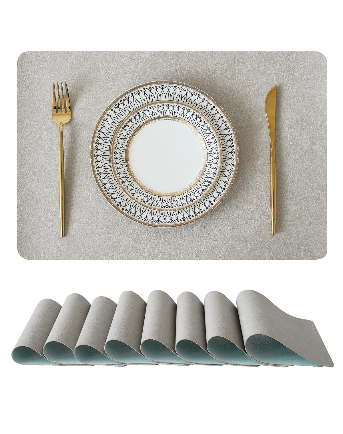 Reversible Faux Leather Placemats and Coasters Set of 4, 12x17 Inch – Hotel-Quality Heat Resistant & Waterproof Wipeable Table Mats, Non-Slip for Dining Kitchen (Mist Blue)