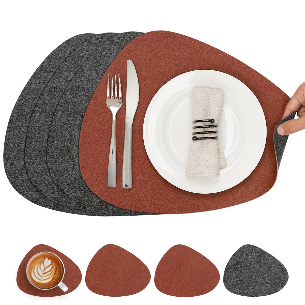 Faux Leather Placemats Set of 4, Dual Sided with Drink Coasters