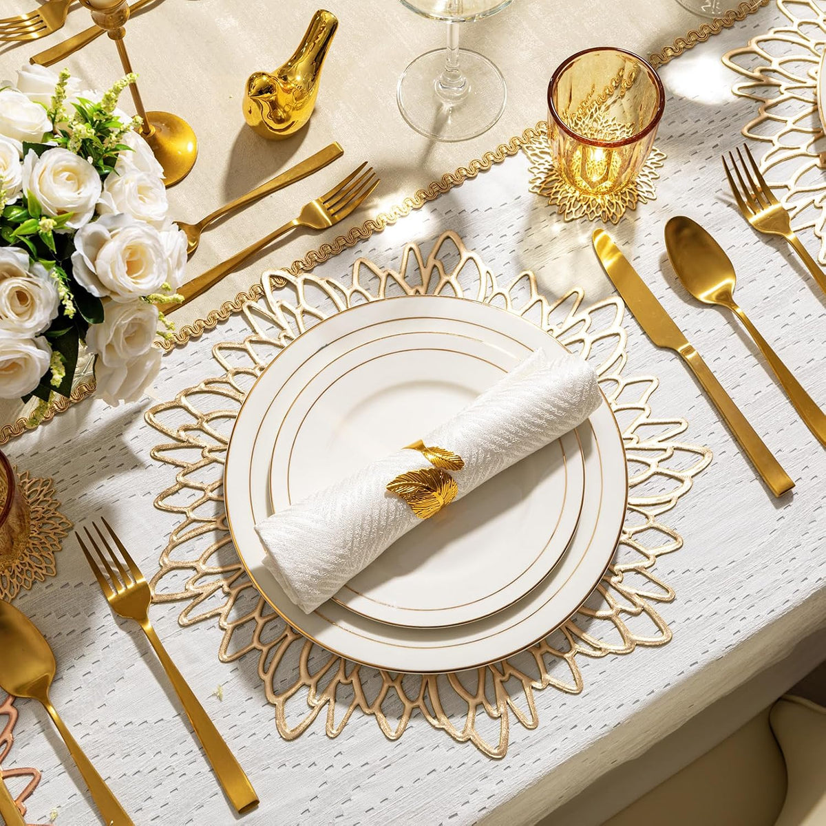 Gold Placemats Set of 8 Table Mats Gold Charger Plates Place Mats & 8 Pcs Coasters Wipeable Modern Holiday Round Placemats for Christmas Thanksgiving Farmhouse Wedding Dining Table Setting Decor