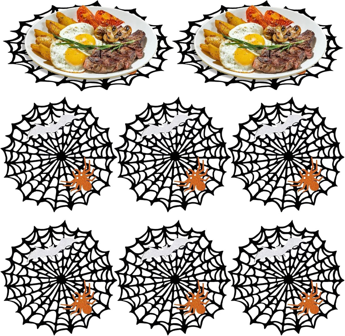 Halloween Spider Web Placemats Set of 6, Hollow Out Spider Web Coasters Placemat Dining Table Mats Decor for Holiday Party Decorations