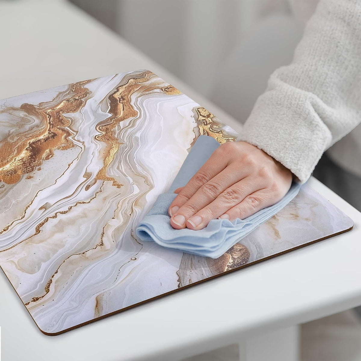 fanquare Hard Cork Placemats and Coasters Set of 4 with Marble Pattern Design Easy to Clean Abstract Artistic Placemat for Dining Table Décor, Gold Sand