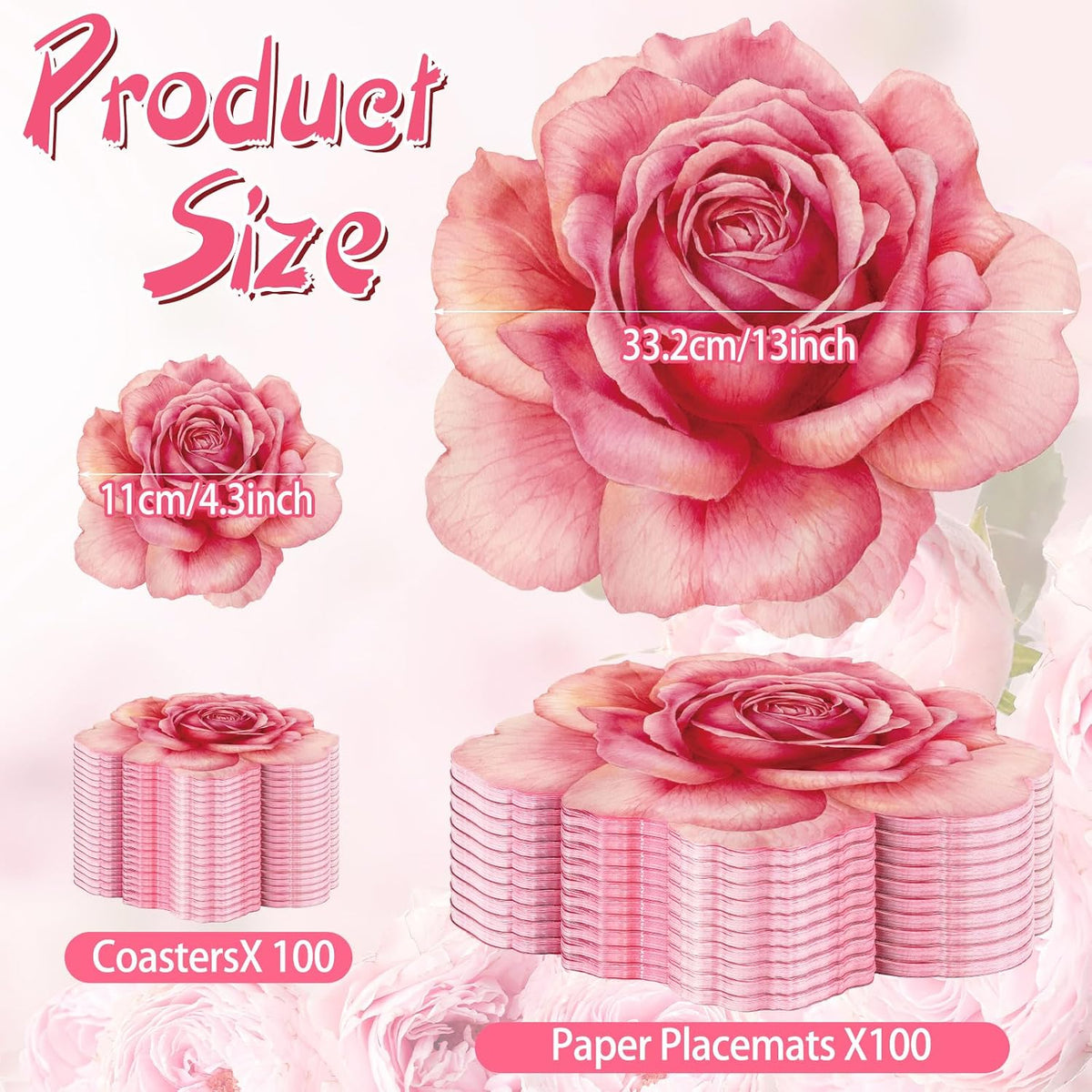 Geosar 200 Pcs Pink Floral Paper Placemats and Coasters Rose Flower Design
