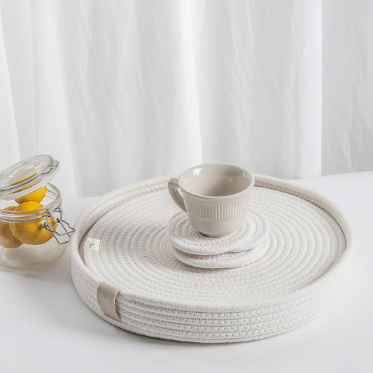 9-Piece Cotton Rope Placemats, Coasters & Holder, Off White
