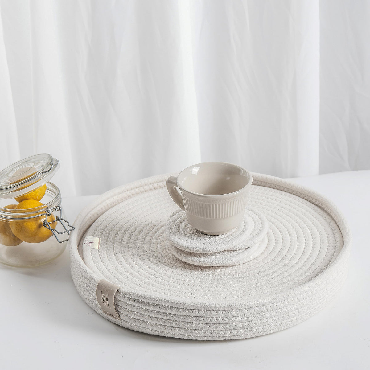 9-Piece Cotton Rope Placemats, Coasters & Holder, Off White