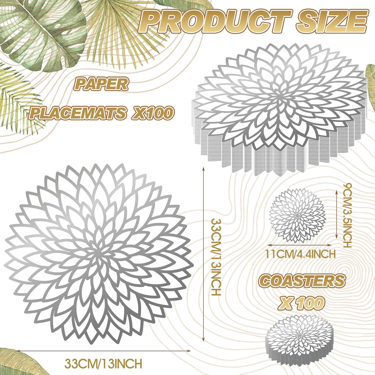 Geosar 200 Pcs Silver Metallic Disposable Paper Placemats Set 13 Inch