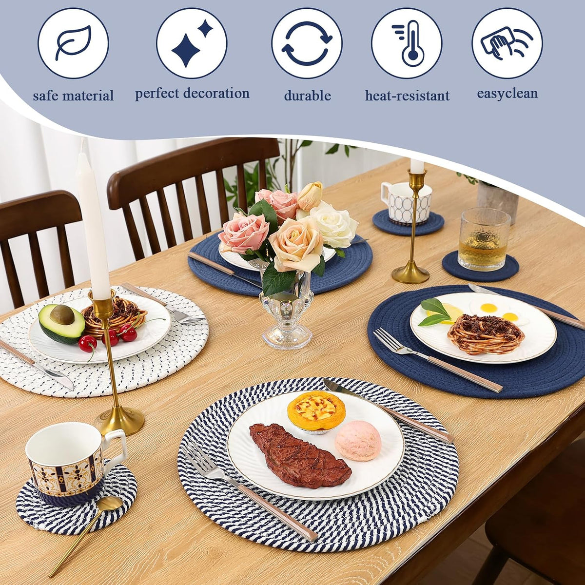 SHACOS Cotton Rope Woven Round Placemats Set of 6 with Coasters, 13 Inch