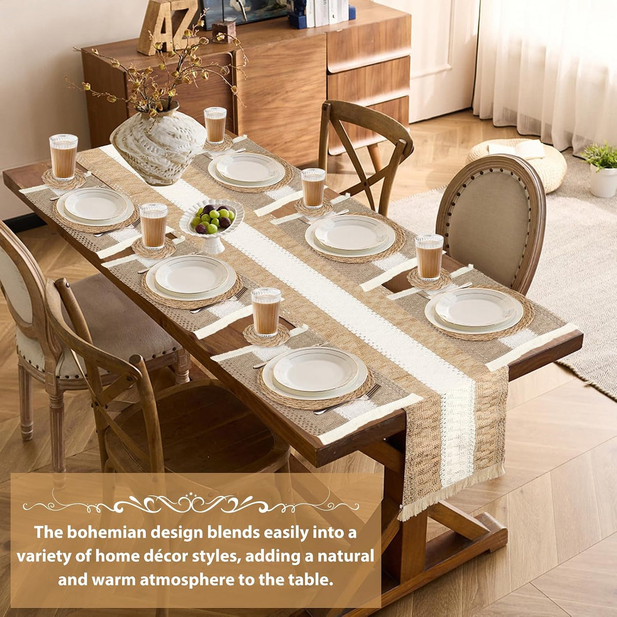 Boho Placemats Set of 6,Table Runner with Matching Round Woven Placemats,Macrame Table Decor Farmhouse Style Natural Burlap Cotton Placemats for Kitchen and Dining Table Centerpiece Home Decorations