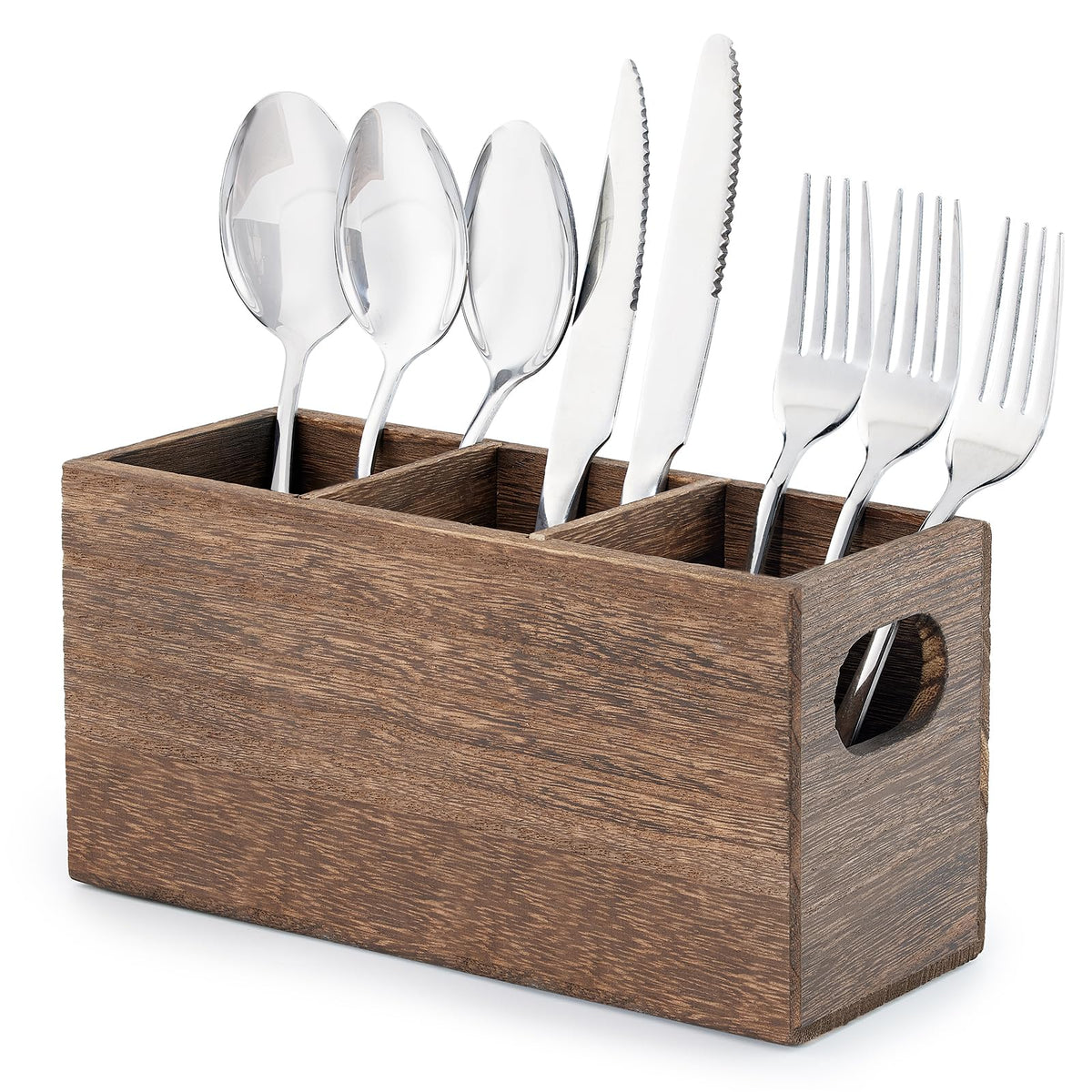 Wooden Utensil Holder Organizer for countertop, 3 Compartment Cutlery Caddy