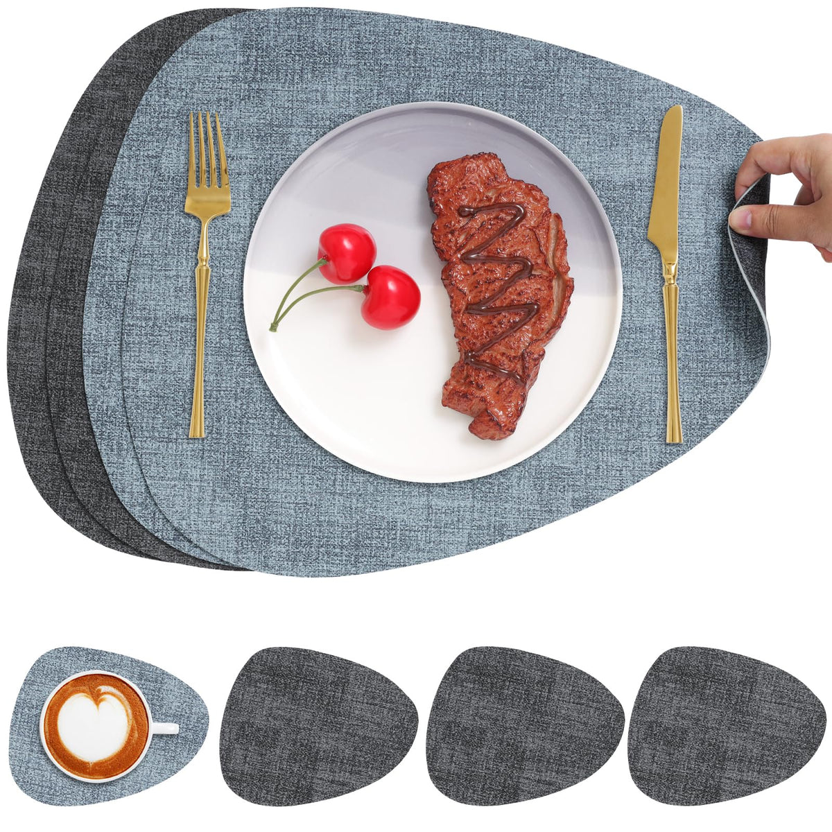 Faux Leather Placemats Set of 4, Dual Sided with Drink Coasters