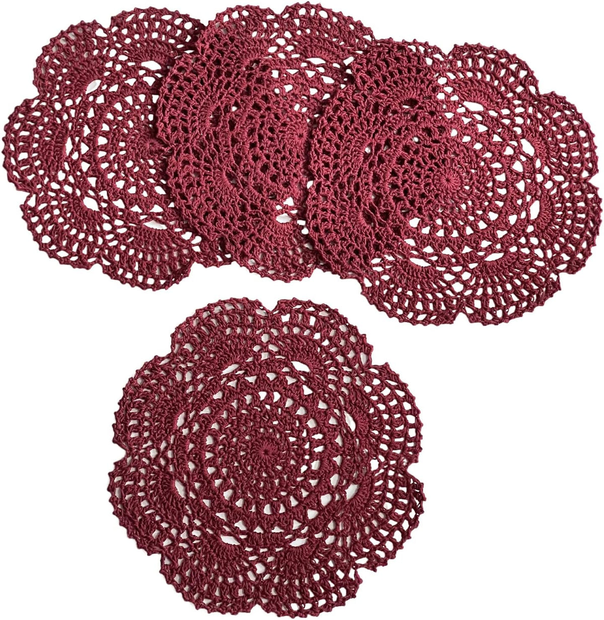 Phantomon 8 Inch Doilies Crochet Round Lace Doily Handmade Placemats 100% Cotton Crocheted Coasters, Pack of 4 (Burgundy)