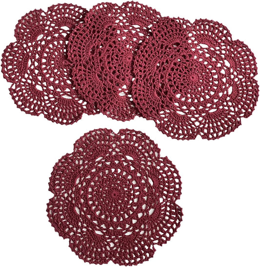 Phantomon 8 Inch Doilies Crochet Round Lace Doily Handmade Placemats 100% Cotton Crocheted Coasters, Pack of 4 (Burgundy)