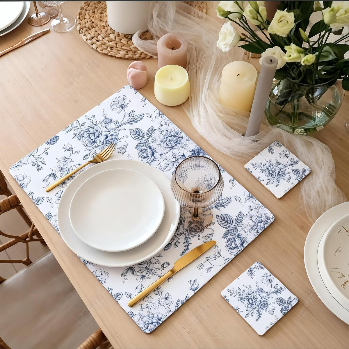 6 Sets Blue and White Floral Cork Placemats with 6 Coasters, 16x12 Inches Heat Resistant Cork Backed Table Mats, Square Coasters for Rustic Kitchen Dinner Table Setting Supplies