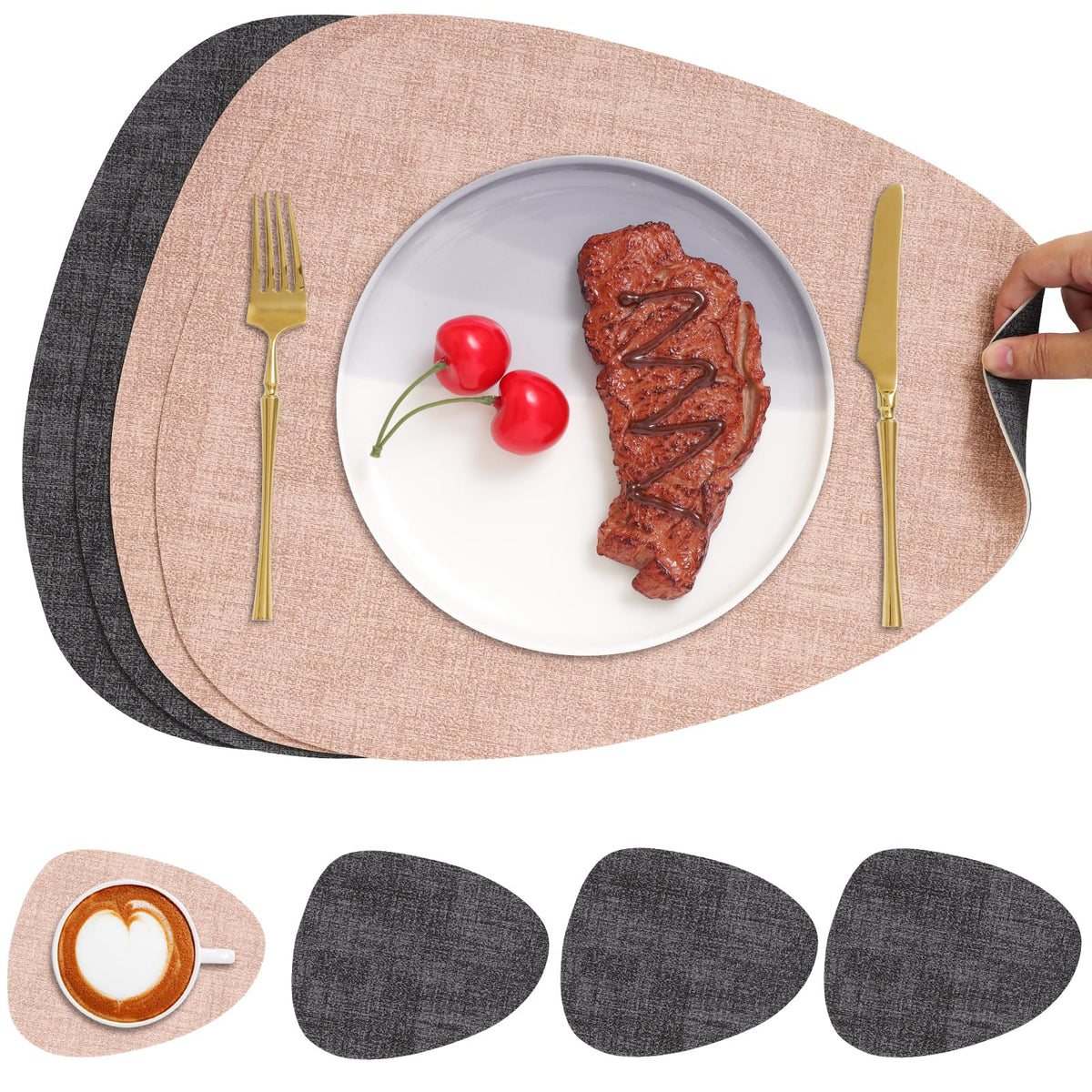 Faux Leather Placemats Set of 4, Dual Sided with Drink Coasters