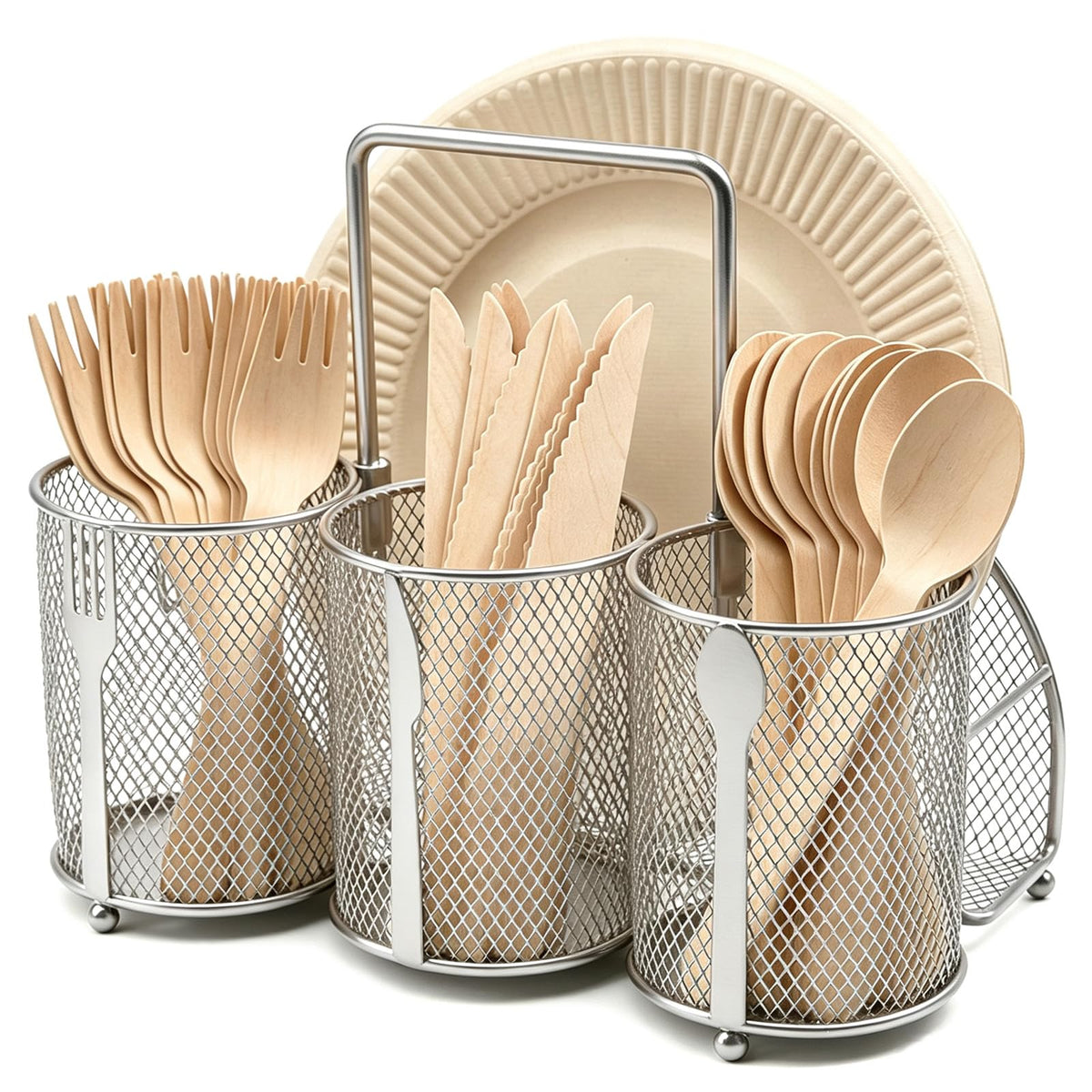 Silverware Organizer Utensil Caddy - 4 Compartment Metal Cutlery Holder Flatware Storage Basket Fork Spoon Napkin Paper Plate Kitchen Countertop Party Picnic Camping Buffet Outdoor (Black)