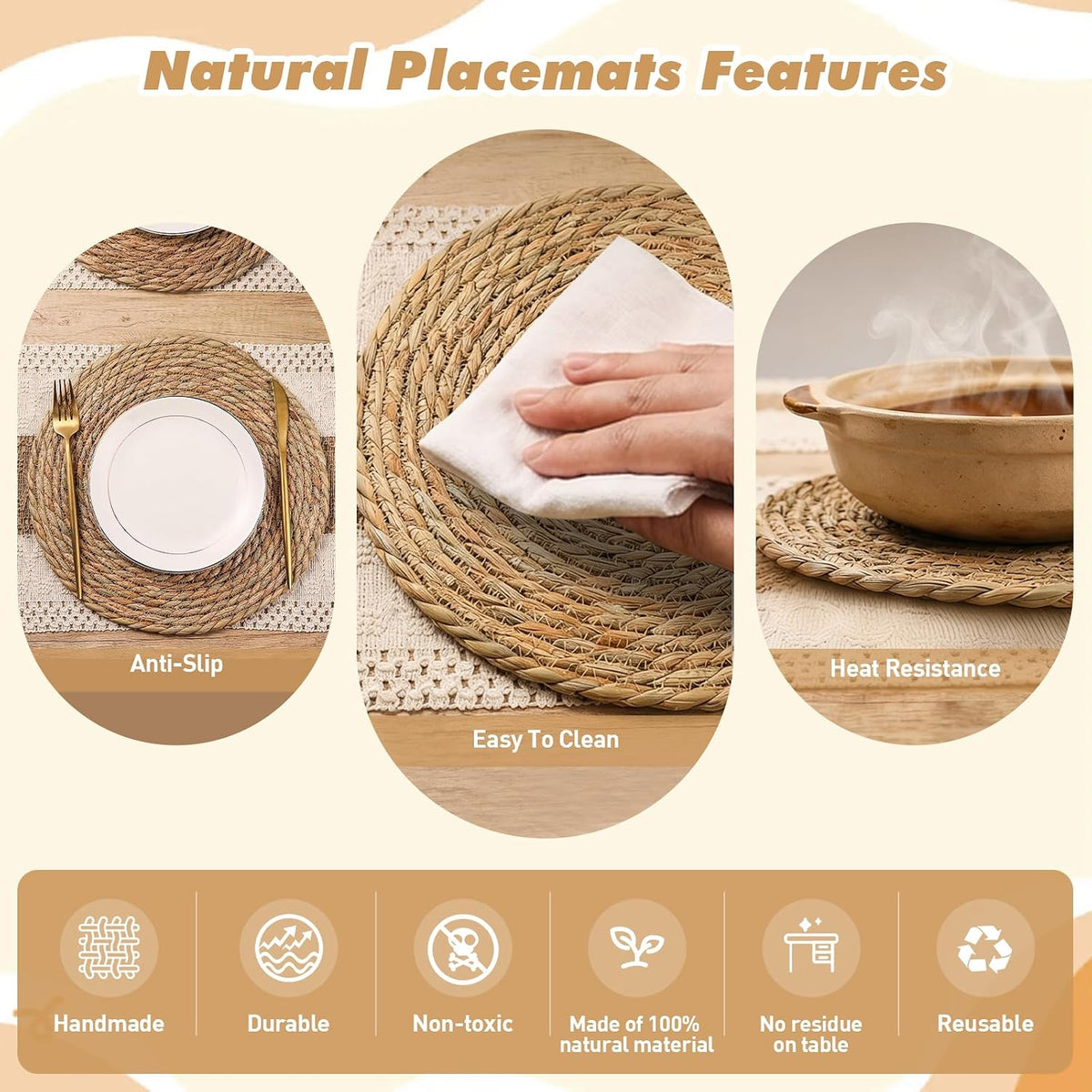 Boho Placemats Set of 6, 32-Piece Table Decor, Farmhouse Rustic Style