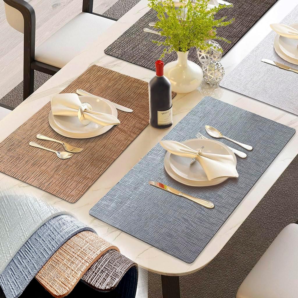 Elegant Placemats and Coasters Set 6, Vinyl Washable Place Mats with Non-Slip Stripes & Metallic Finish, Durable Dining Table Placemats Sets of 6, Dinner Table Mat with Coasters for Table Decor-Silver