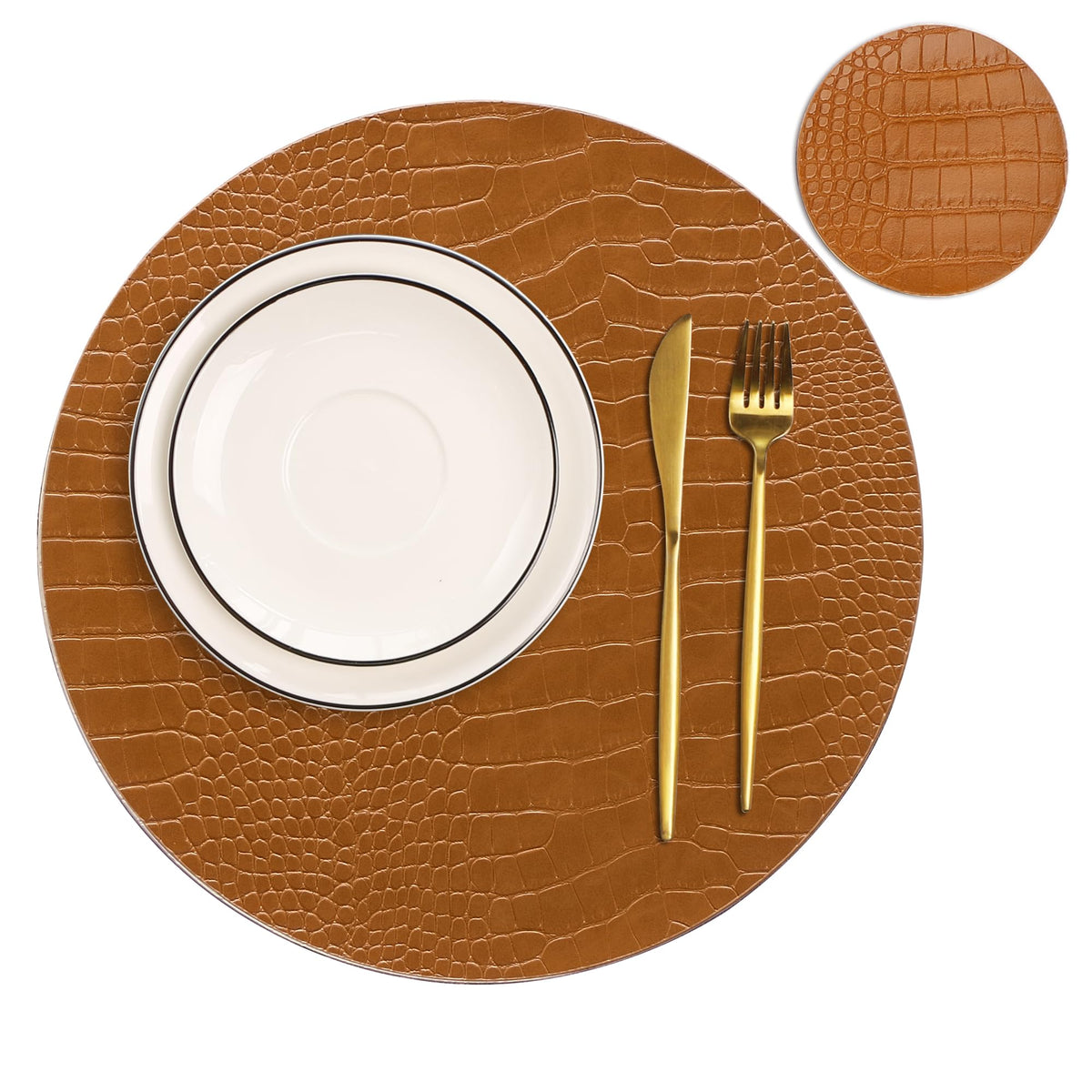 Jovono Round Leather Placemats for Round Tables Set of 4, Brown Place Mats and Coasters, Wipeable Waterproof Heat Resistant Table Mats Easy to Care for Indoor Decor 13 inch Diameter