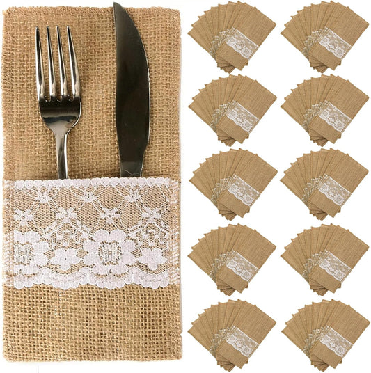 TM 100 Pack Natural Burlap Cutlery Holder Pouch Bag 4x8.5 Inch with Lace Silverware Napkin Holders Wedding Party Bridal Shower Table Setting Table Decoration