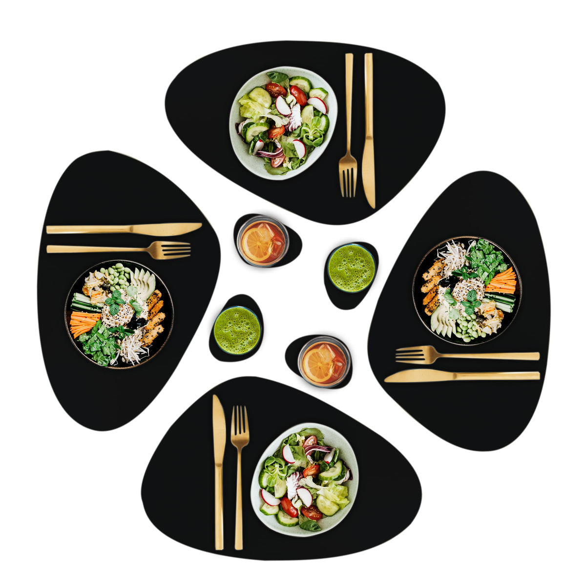 Faux Leather Placemats and Coasters - Set of 4 Round Modern Dark Green Table Mats for Dining - Heat Resistant, Waterproof & Non Slip Place mat for Indoor & Outdoor - Wipeable for Easy Care