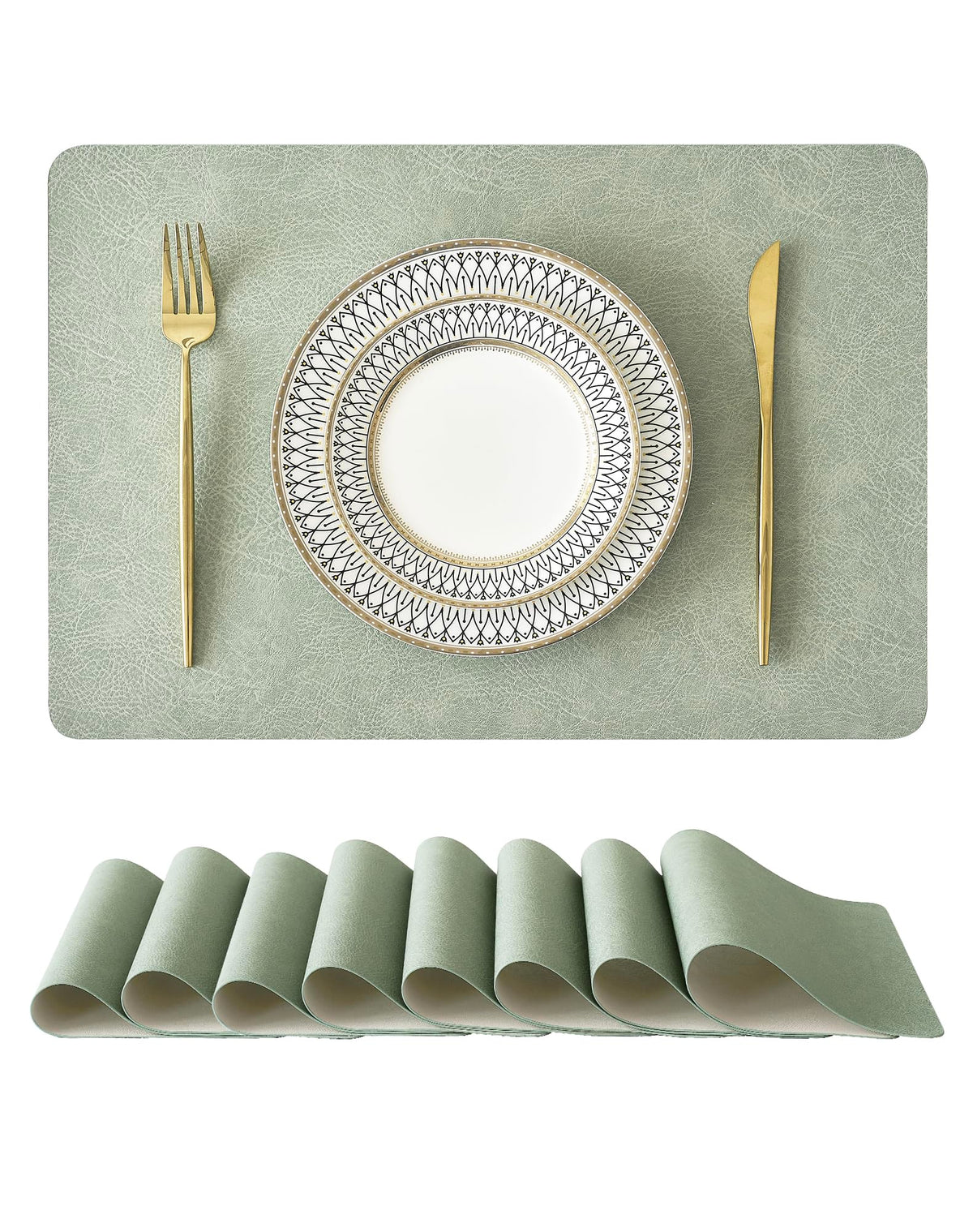 Reversible Faux Leather Placemats and Coasters Set of 4, 12x17 Inch – Hotel-Quality Heat Resistant & Waterproof Wipeable Table Mats, Non-Slip for Dining Kitchen (Mist Blue)