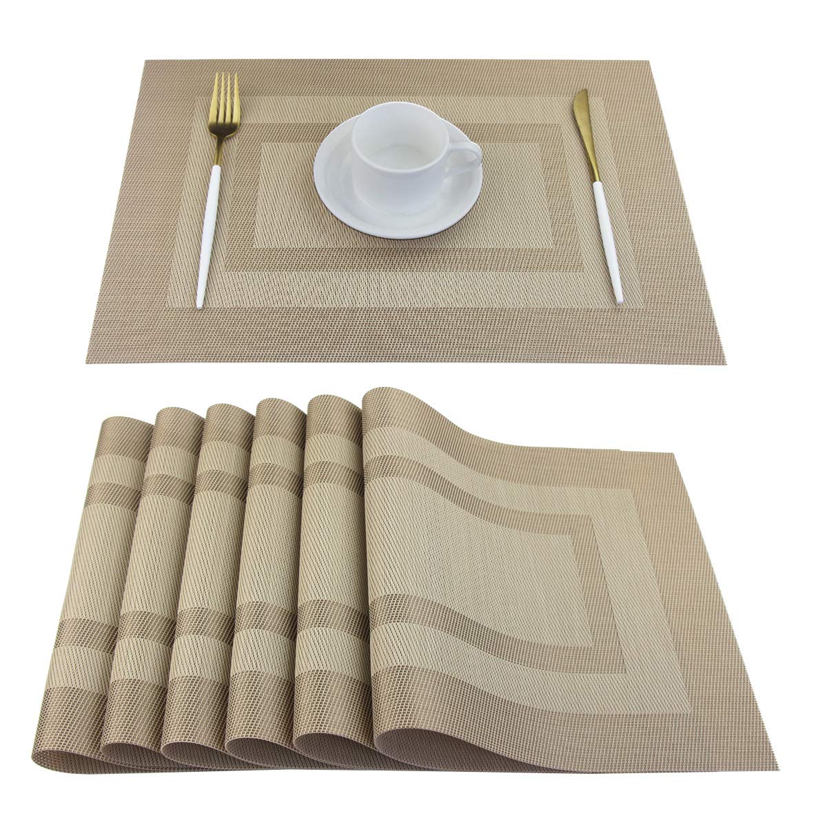 PIGCHCY Beige Placemats Set of 4 Vinyl PVC Durable Place Mats for Dining Table,Heat Resistant Non-Slip Woven Tabel Mats (18x12 inches, Beige)