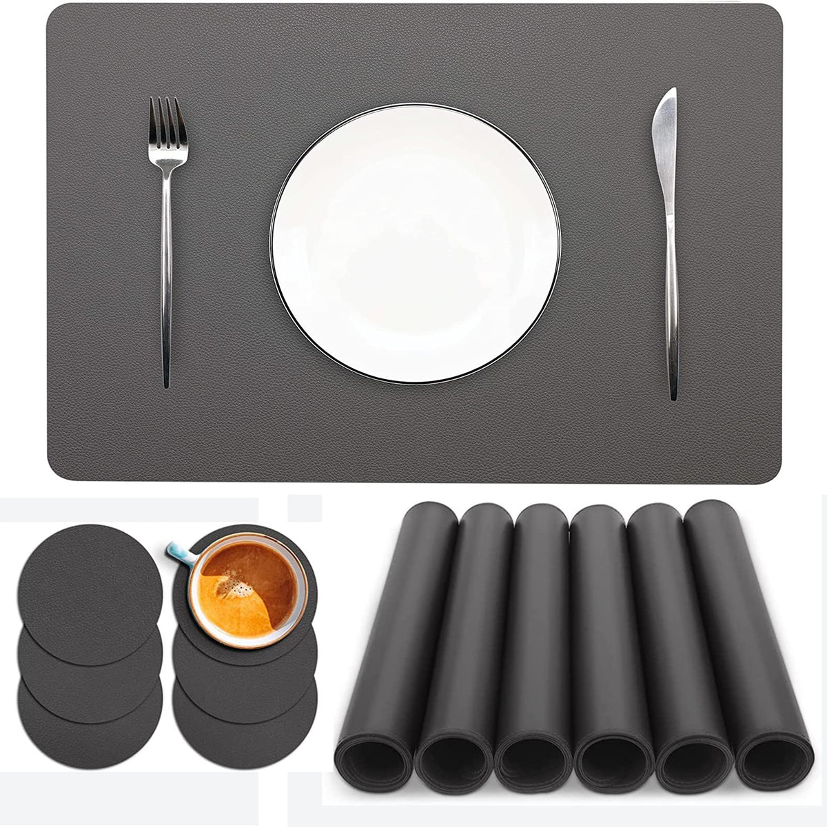 Placemats Set of 6, Faux Leather Place Mats with Coasters, Waterproof, Stain Resistant, Heat Resistant, Easy to Clean PU Table Mats for Dining Table and Decor (Set of 6, Rectangle Cream White)