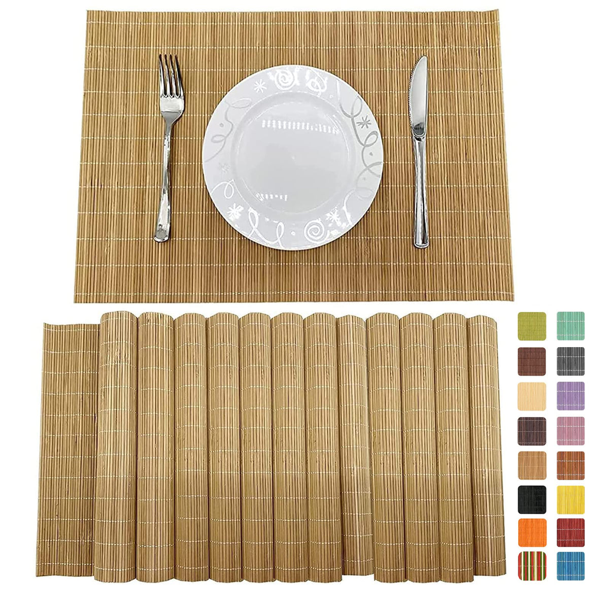 Non-Slip Bamboo Placemats Set of 6, 17.7x11.8 Inch - Heat Resistant & Easy-Clean, Natural Woven Table Mats for Daily Dining, Family Meals or Home Decor (Brown)