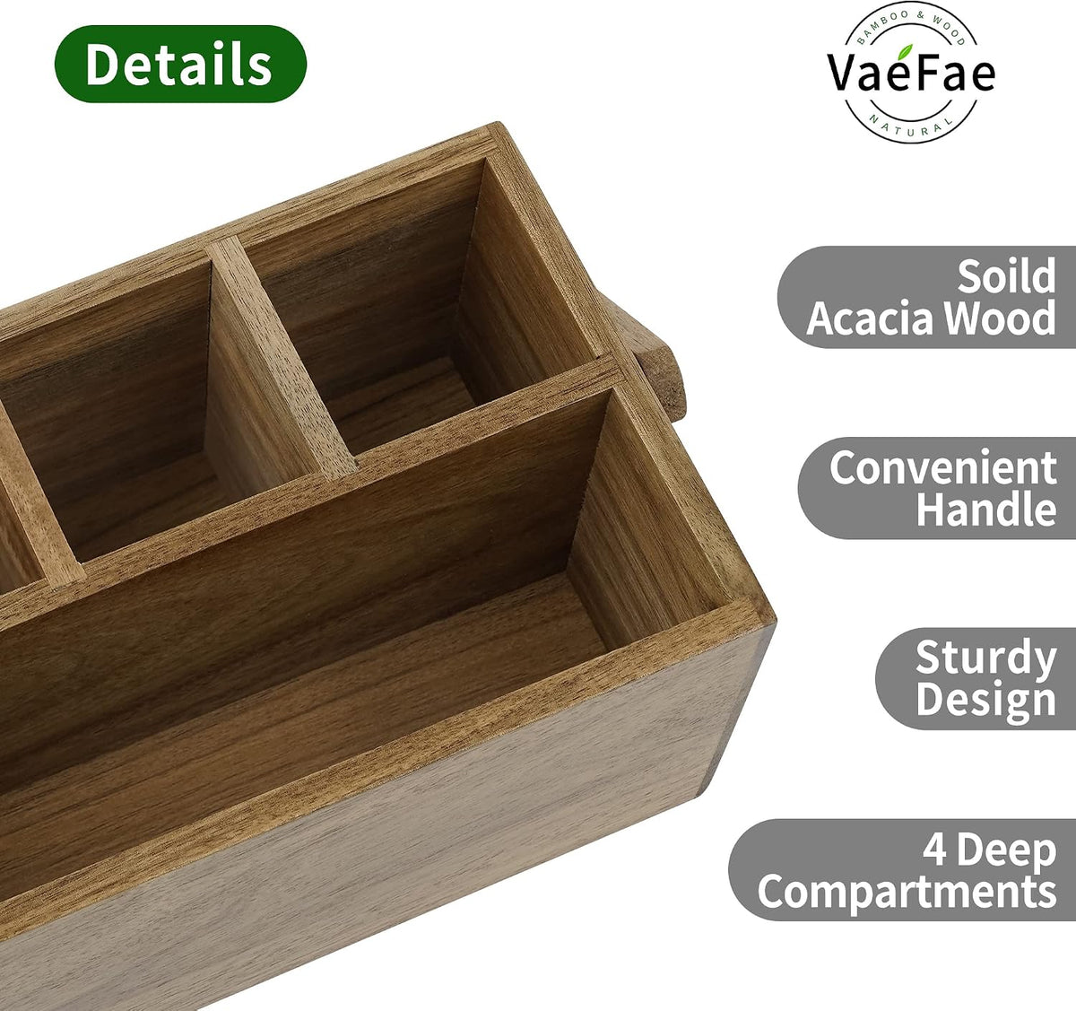 VaeFae Acacia Silverware Caddy, Utensil Holder with Handle, Medium