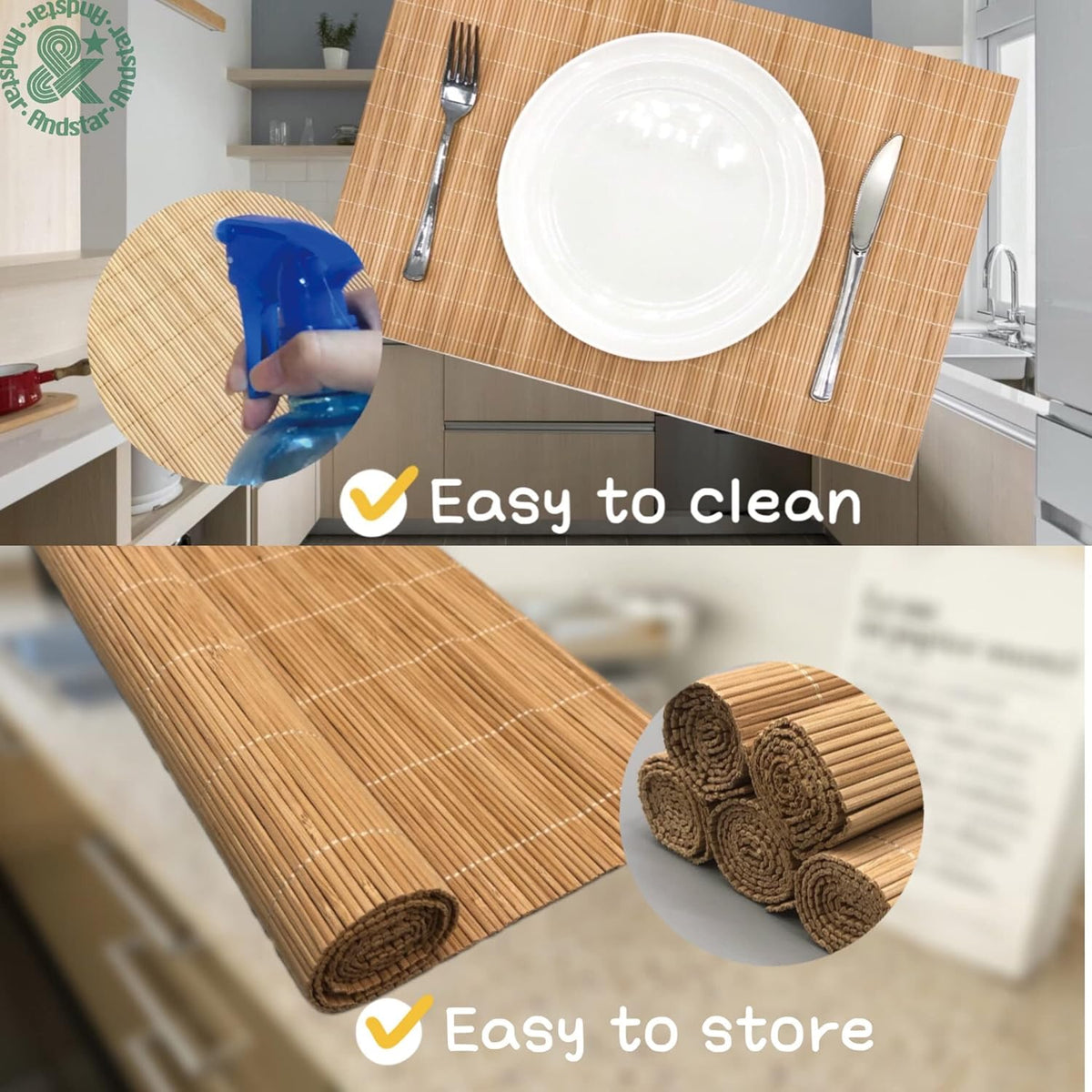 Non-Slip Bamboo Placemats Set of 6, 17.7x11.8 Inch - Heat Resistant & Easy-Clean, Natural Woven Table Mats for Daily Dining, Family Meals or Home Decor (Brown)