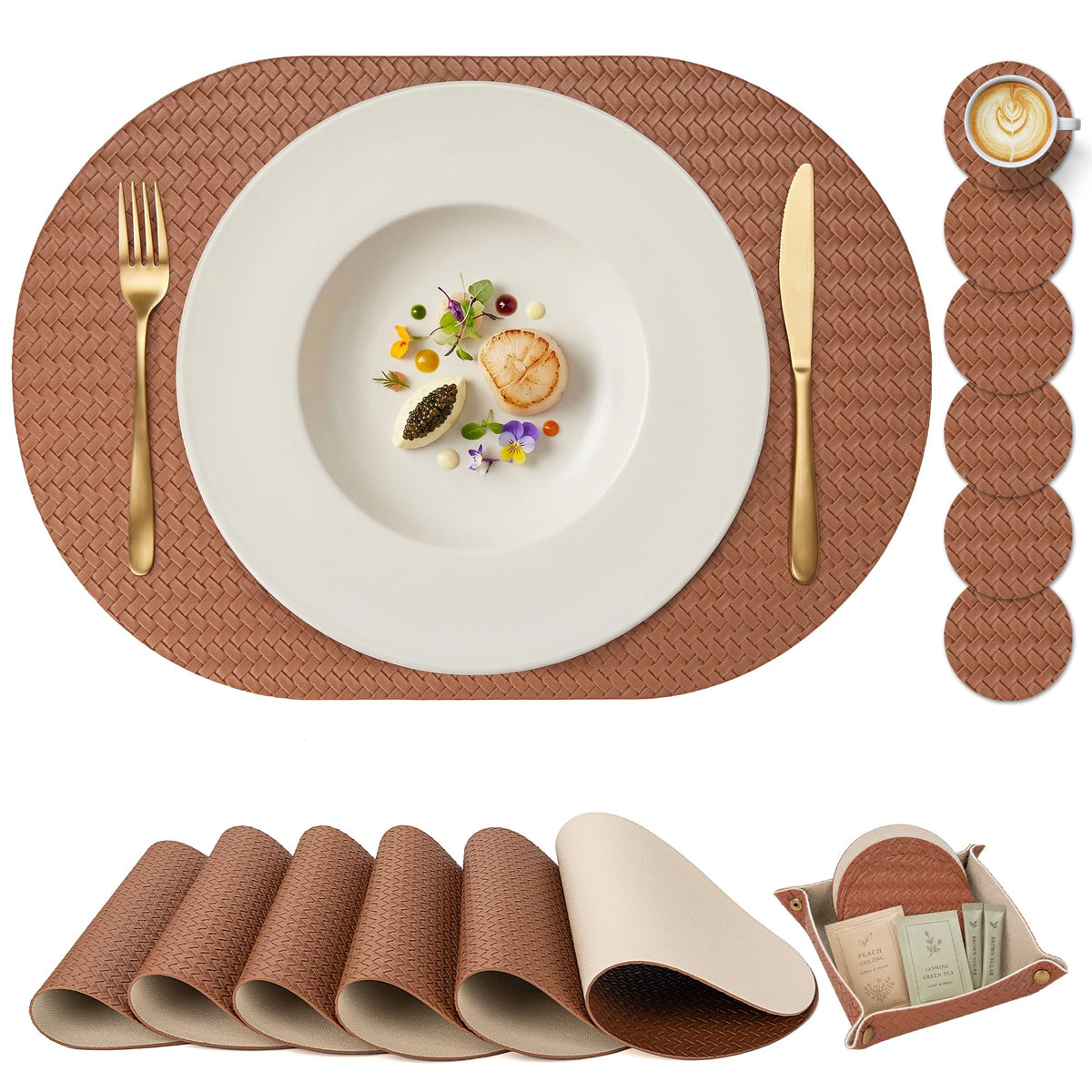 Woven Faux Leather Oval Placemats Set of 4/6 with Coasters & Tray, Heat Resistant, Non-Slip, Washable Dining Table Mats