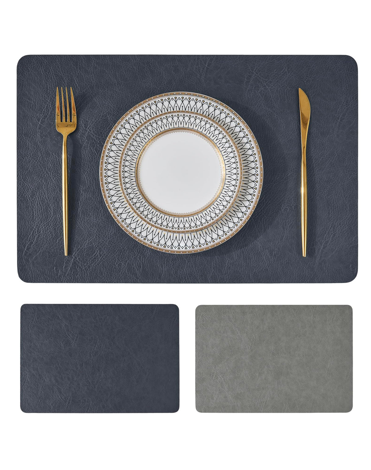 Reversible Faux Leather Placemats and Coasters Set of 4, 12x17 Inch – Hotel-Quality Heat Resistant & Waterproof Wipeable Table Mats, Non-Slip for Dining Kitchen (Mist Blue)