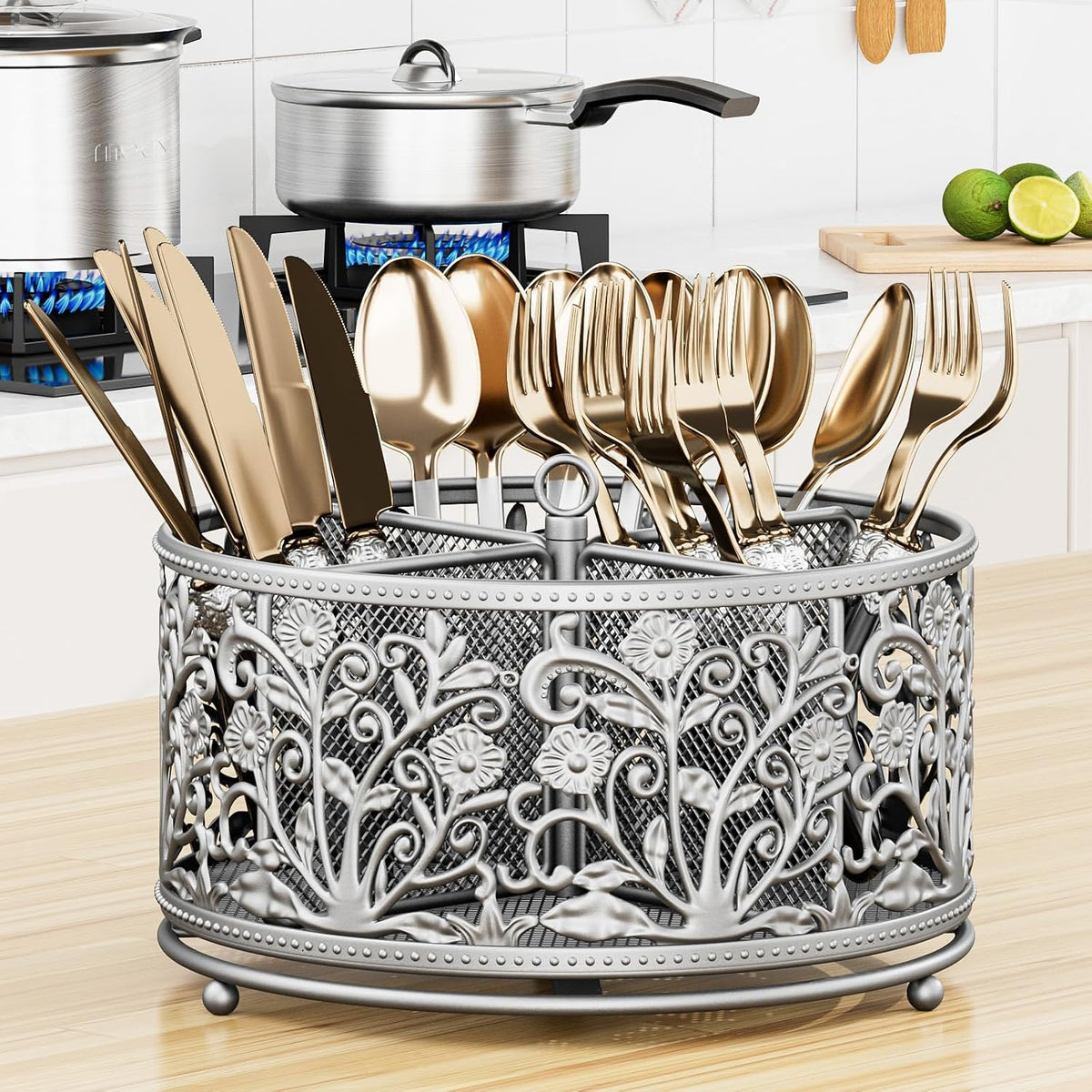 YIUKEA 360° Rotating Flatware Caddy - 4 Compartments Metal Mesh