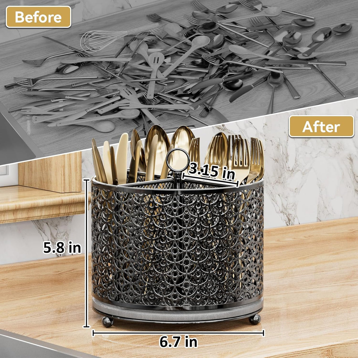 360° Rotating Kitchen Utensil Holder - Large Silverware Caddy Fast-Drying
