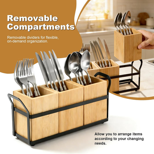 Bamboo Silverware Caddy for Kitchen Countertop, Wooden Utensil Holder